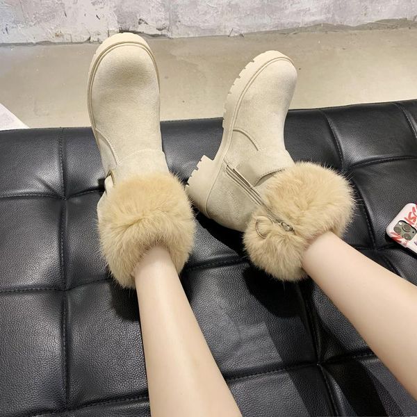 

boots suede platform women shoes plush ankle metal buckle chunky short winter warm botas mujer, Black