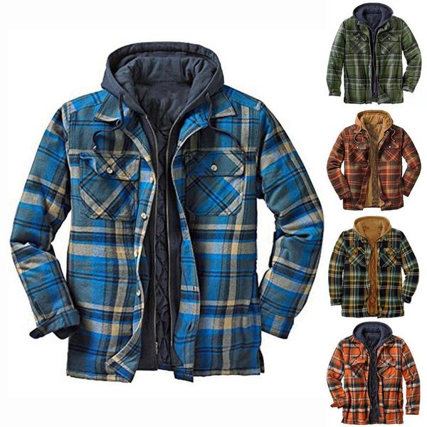 

men's jackets winter plaid lapel pocket hooded padded loose shirt jacket male oversized hip, Black;brown