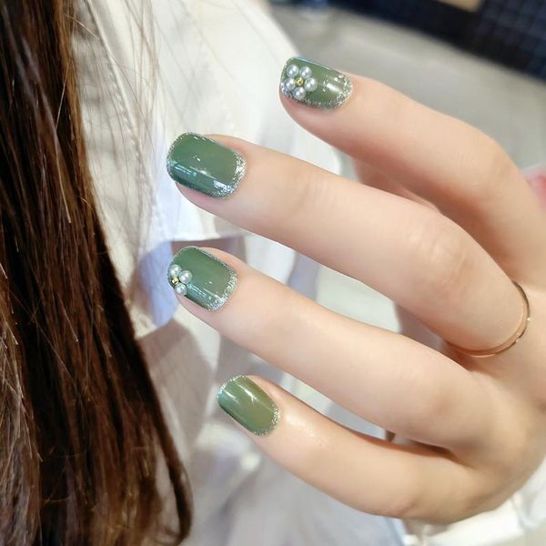 

false nails 24pcs green short fake with pearl flower full finished square head nail cover press on glue art, Red;gold