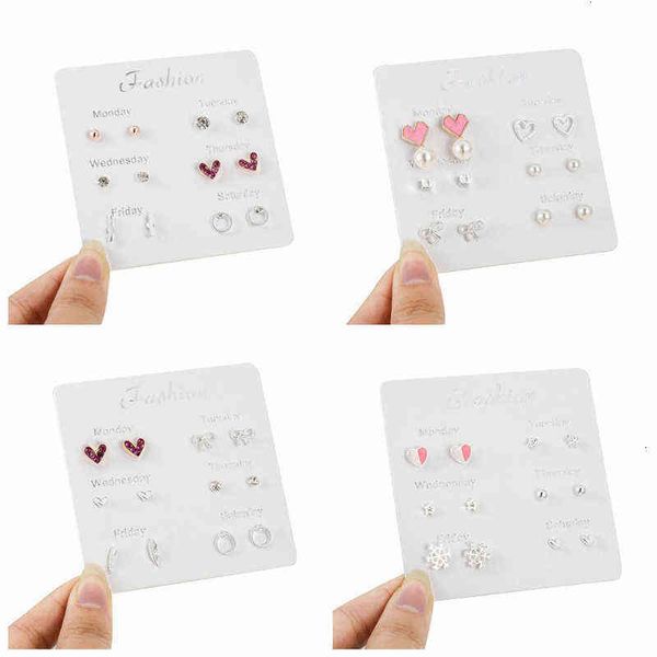 

versatile one week earring set women's combination leaf zircon pearl earrings korean 925 jewelry, Golden