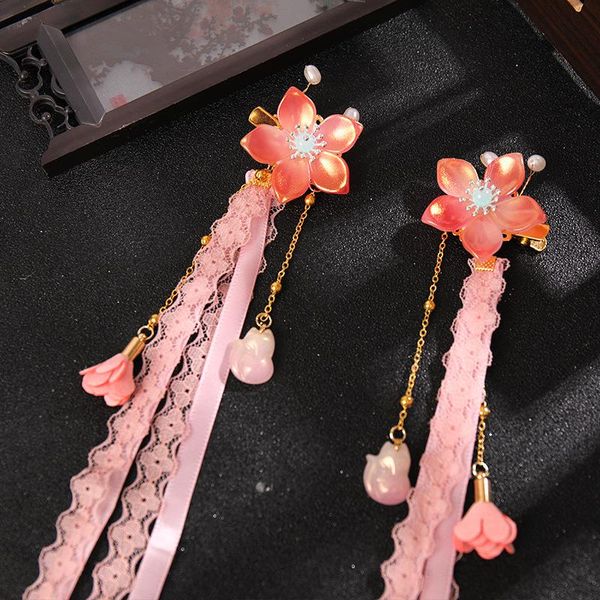 Grampos de cabelo Barrettes 2 pcs Borboleta Flor Hairpin com longa borla e peruca estilo chinês bonito cocar vintage hanfu roupas acessórios