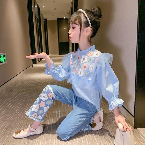 

clothing sets 2021 spring autumn girls suit cotton fashion floral princess style two-piece jeans, White