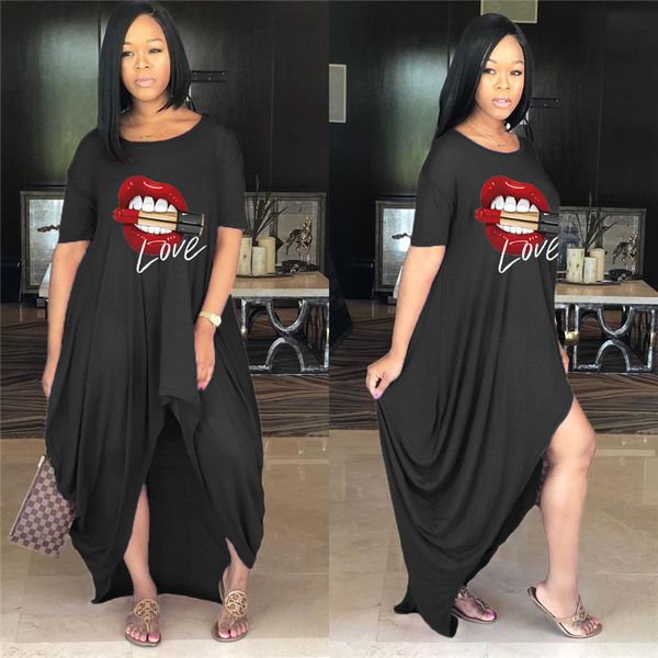 

2021dress women plus size summer crewneck short sleeve tshirt dress streetwear irregular casual long dress wholesale dropshipping, Black;gray