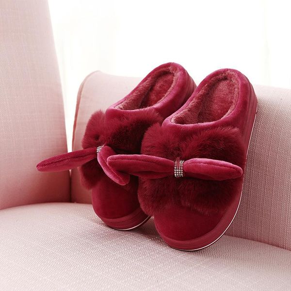 

slippers autumn and winter style cotton women warm home interior bowknot non-slip fashion high-heeled hairy shoes, Black