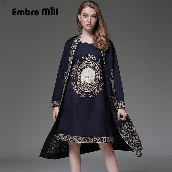 

women's suits & blazers women suit set royal embroidery vest dress + loose cotton floral open stitch coat 2 pieces elegant lady female, White;black