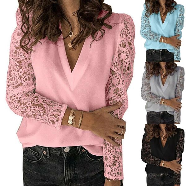

women v neck lace patchwork long sleeve t-shirt autumn spring female ladies work ol casual fashion tees women's, White