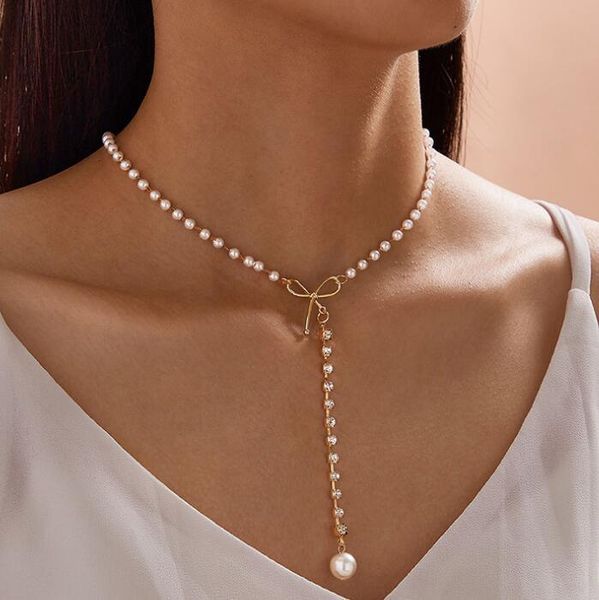 

pendant necklaces pearl bow metal necklace long ladies wedding jewelry, Silver