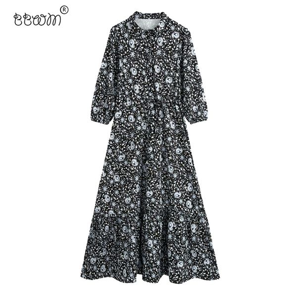 

women vintage chic floral print ruffles long shirt dress fashion female short sleeve drawstring dresses vestidos mujer 210531, Black;gray