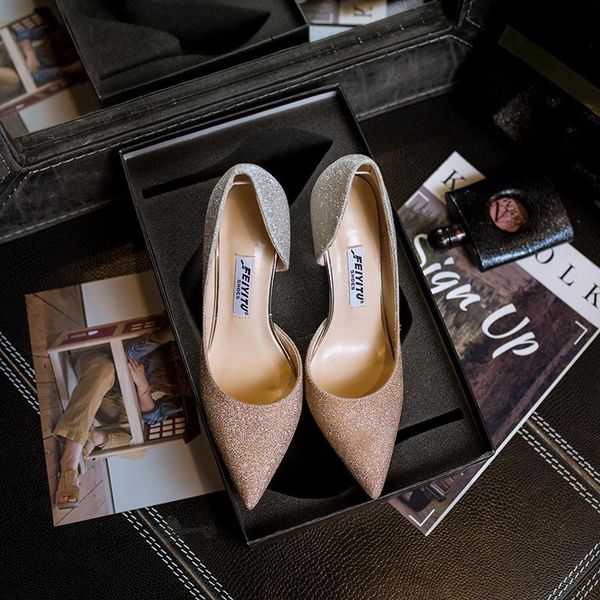 

dress shoes women pumps pointed toe flock sequin fashion spring hollow 9cm thin high heels office party, Black