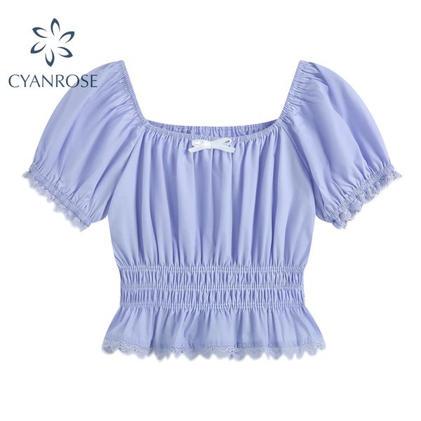 Slim Purple Square Collar Crop Camicette Top Rugose Retro Summer Camicie a maniche corte Lady Fashion Bow Egirl Elegant OL Blusas 210417