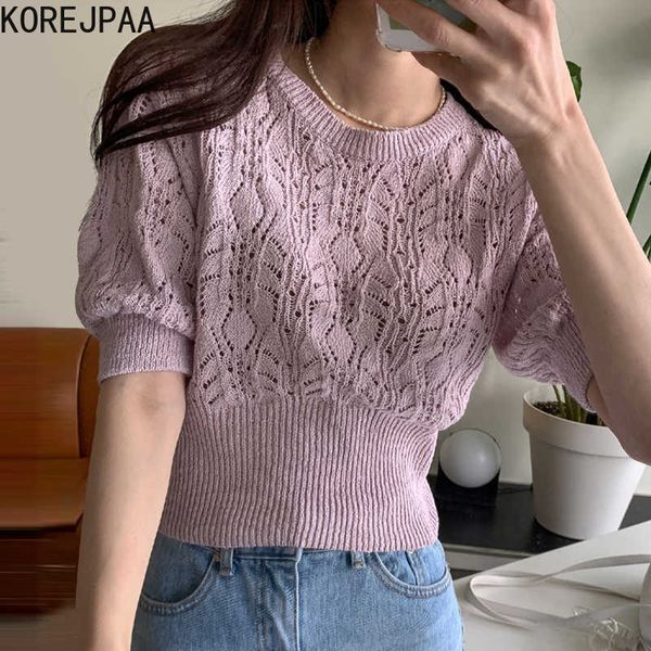 

korejpaa women sweater summer korean chic gentle temperament round neck hollow crochet design slimming knitted pullovers 210526, White;black