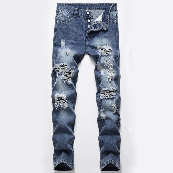 

men's jeans pants amazon europe fashion straight beggars hole nostalgic street personality, Blue