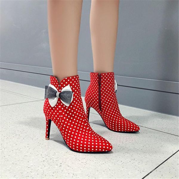 

fashion lolita bowknot polka dot ankle boots women stiletto thin high heels 2021 autumn spring shoes party dress 34-45, Black