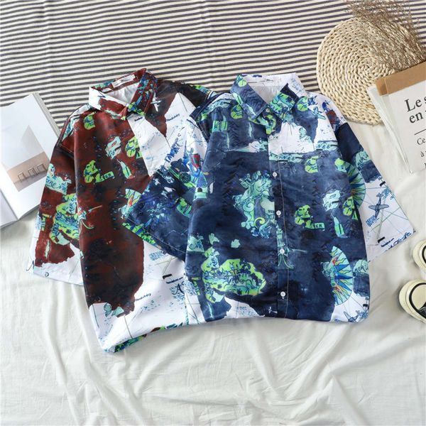 

men's casual shirts shirt summer leisure short sleeve flower men's loose shirt beach couple youth fashion f1va, White;black