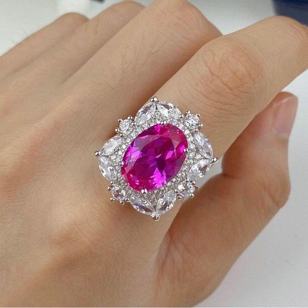 

cluster rings s925 sterling silver red corundum ring women ruby luxury retro royal wedding anniversary party fine crystal jewelry, Golden;silver