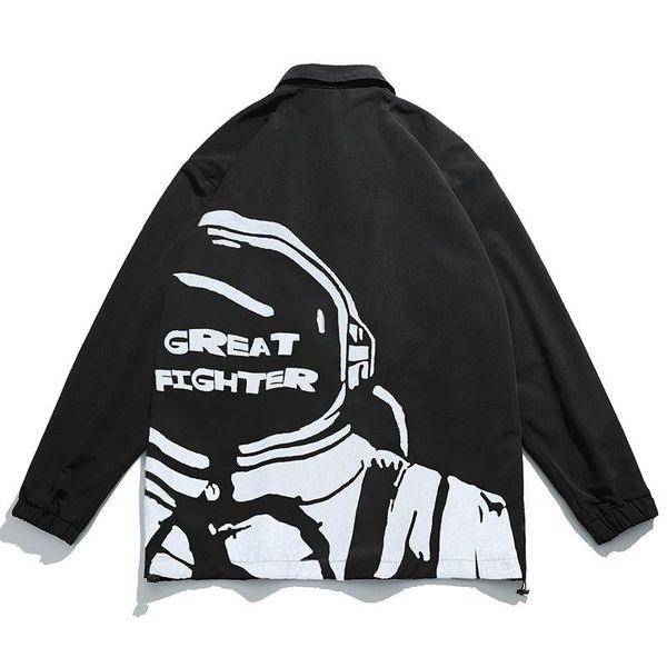 

men's vests men spring autumn full astronaut print reflective windbreaker waterproof jacket male high street hip hop loose hooded coats, Black;white