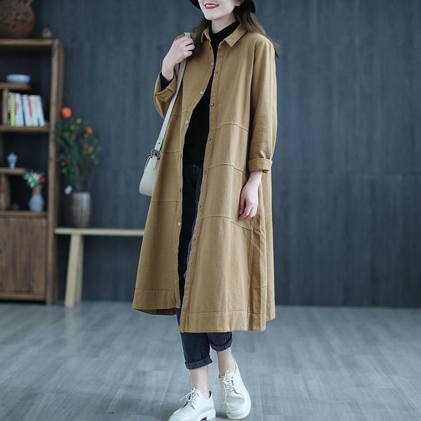 

women's trench coats literary vintage loose thin mid-length coat solid clothing 2021 spring windbreaker autumn oversize outerwear, Tan;black