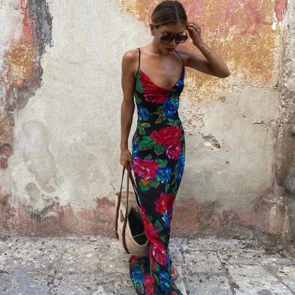 

casual dresses spaghetti strap women's dress backless holiday beach sundress bohemian maxi party for women floral print vestido, Black;gray