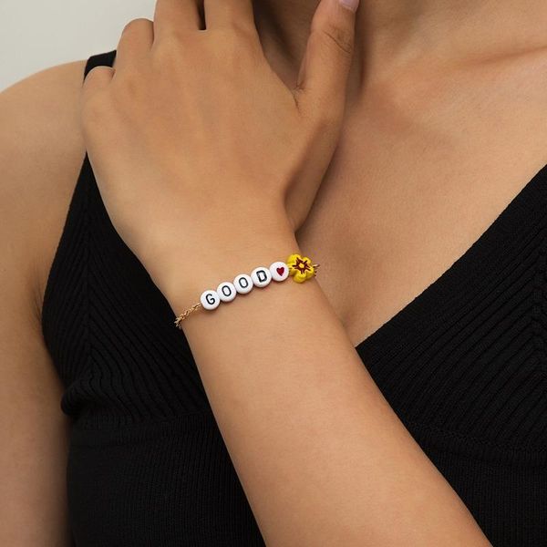 

beaded, strands bohemian acrylic colored glaze small flower letters beaded bracelet women's charm jewelry christmas gift girl, Black