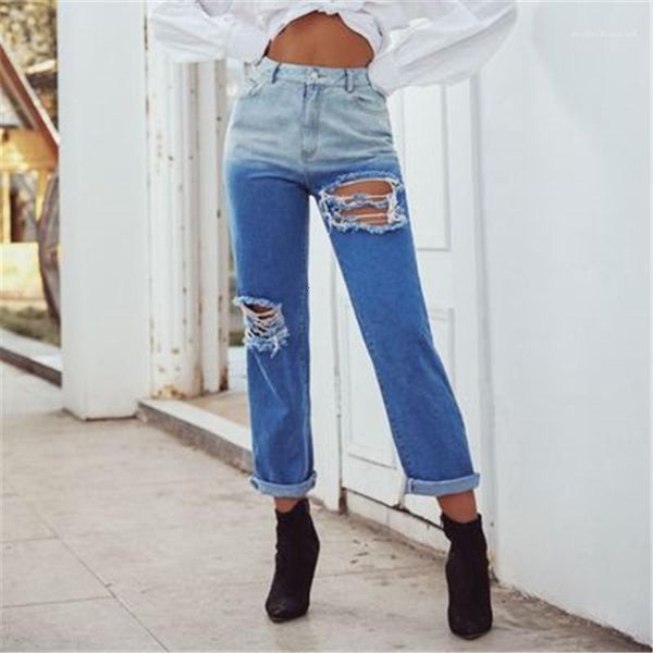 

women's fashion trend female holes casual loose ladies retro ripped contrast jeans designer mid waist zipper straight denim trousers, Blue