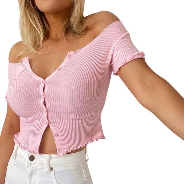 

women's t-shirt women solid color cardigan short sleeve boat neck crop summer front button clothes, White