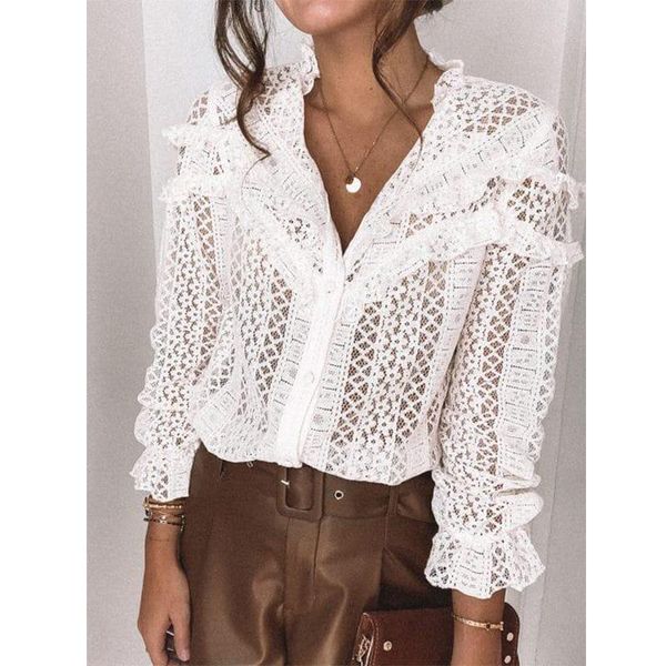 

women hollow out blouse lace button cardigan shirt office ol casual style long sleeve v-neck single-breasted women's blouses & shirts, White