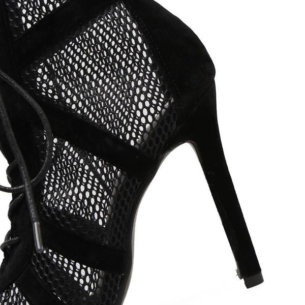 

xingdeng net hollow girls bandage lace up high heels sandals shoes women ankle strap party peep toe thin dress, Black
