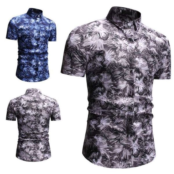 

men's shirt summer casual short sleeve floral printed men's shirt, White;black