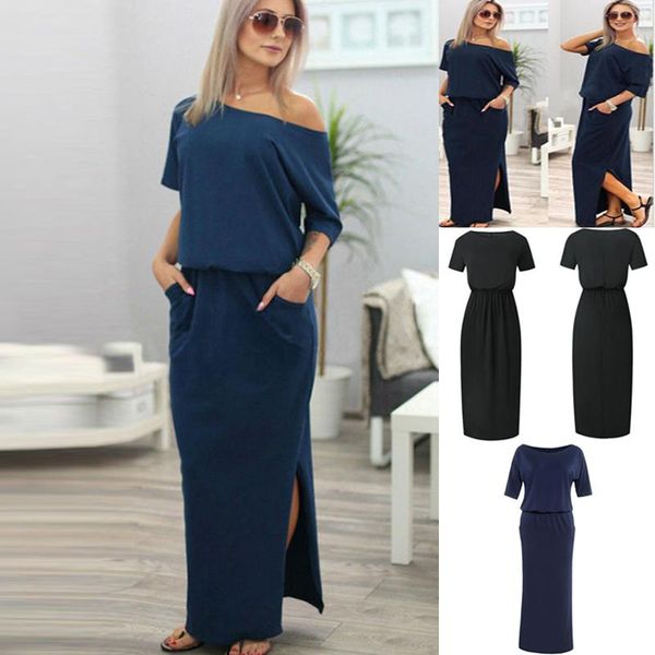 

casual dresses summer women boho maxi dress short sleeve side split loose off shoulder evening party long beach robe vestidos, Black;gray