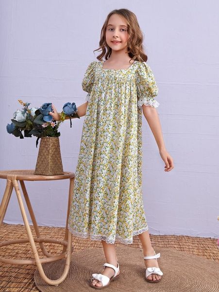 

girls lace trim puff sleeve floral print smock dress she, Red;yellow
