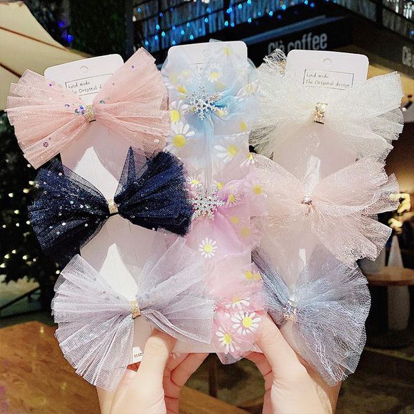 

hair accessories 3pcs/set girls cute chiffon yarn bow hairpins kids sweet ornament headband clip barrettes fashion, Slivery;white