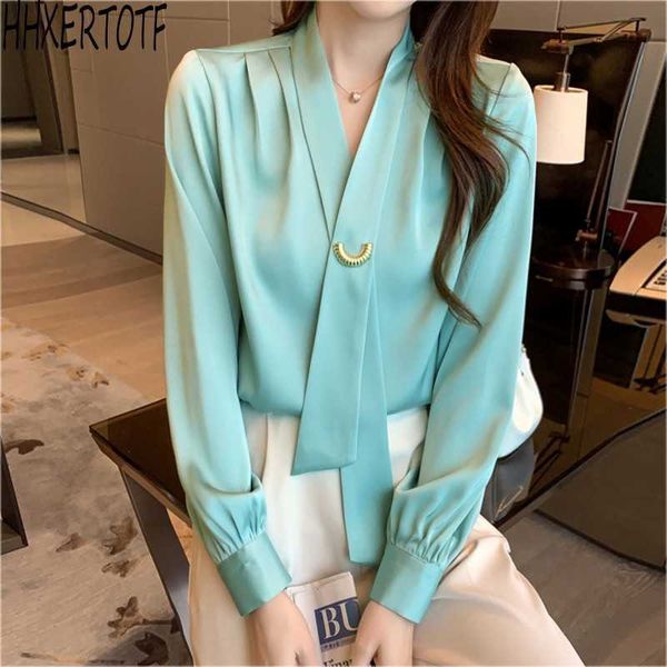 

summer chiffon shirt blouse women long sleeve office lady satin loose v-neck solid 210531, White