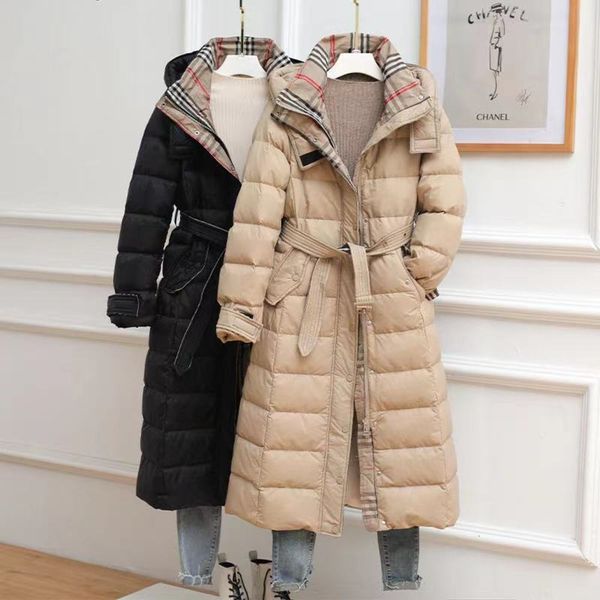 

mid long fashion waist closing women's knee down jacket slim fit trend in winter, Black