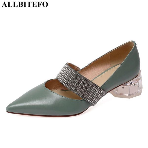 

dress shoes allbitefo crystal heel genuine leather rhinestone high heels wedding women thick office ladies, Black