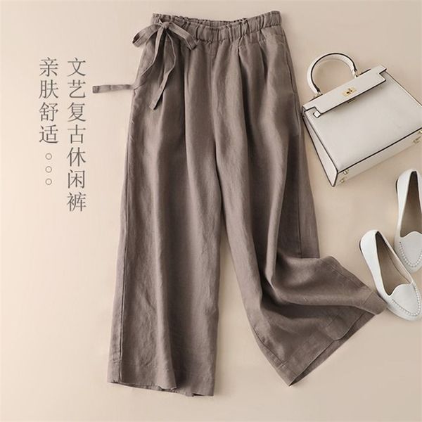 

arrival summer arts style women high waist flank lacing wide leg pants vintage cotton linen ankle-length loose s857 210512, Black;white