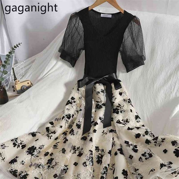 

vintage women patchwork long dress summer short sleeves bow all match a line bodycon vestidos chic korean robe 210601, Black;gray