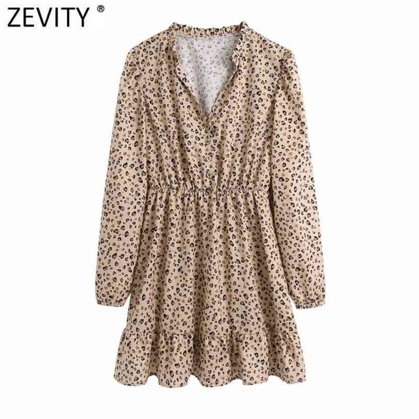 

women vintage v neck leopard print hem mini dress femme puff sleeve pleat ruffles vestido chic dresses ds5073 210416, Black;gray