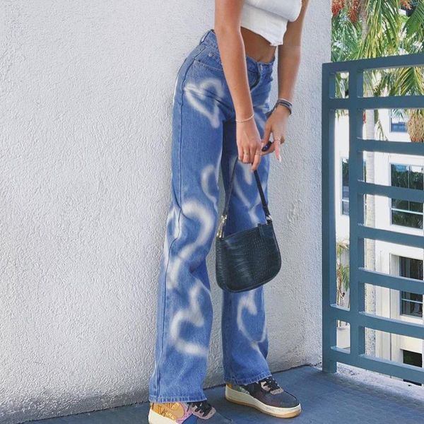 

women's pants & capris y2k vintage heart print jeans high waist loose straight wide leg denim casual baggy trousers e-girl 90s streetwe, Black;white