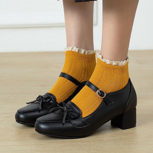 

dress shoes brand big size 43 vintage chunky heels sweet bow tie mary janes women pumps, Black