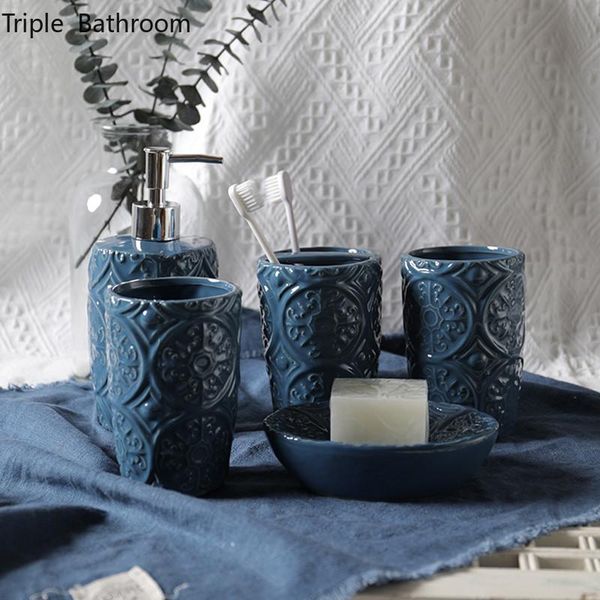 

bath accessory set light luxury ceramics blue five piece liquid soap dispenser tooth mug dish toothbrush holder bathroom washing tools
