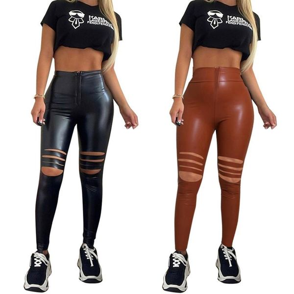 

women's pants & capris imcute 2021 autumn fashion pu pencil high waist zip up faux leather leggings skinny holes ripped sports trousers, Black;white