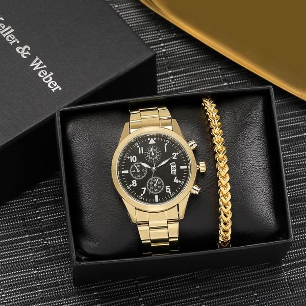 

wristwatches luxury golden watch men gold bracelet gift set quartz clock with calendar dial stainless steel strap for husband, Slivery;brown
