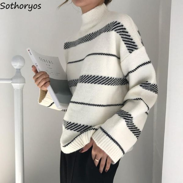 

women's sweaters mock neck pullover sweater women striped japanese style lazy office lady temperament long sleeve knitted pullovers fem, White;black