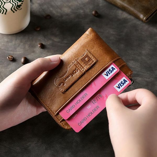 

card holders 2021 retro oil wax leather men zipper zero wallet multifunction rfid pocket fashion small mini coin purse bag 45, Brown;gray