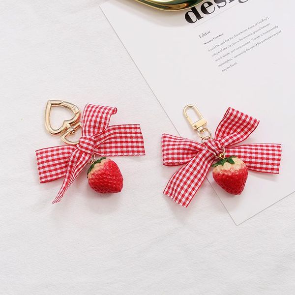 

keychains fashion lovely ribbon strawberry keychain keyring for women girl jewelry simulated fruit bowknot cute bag car key holder, Silver