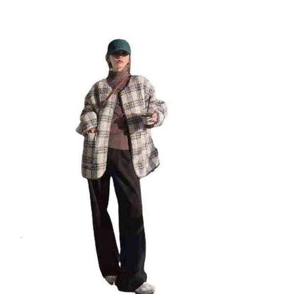 

plaid lamb wool coat women's winter 2021 korean loose and versatile short small cotton 34643, Black;brown