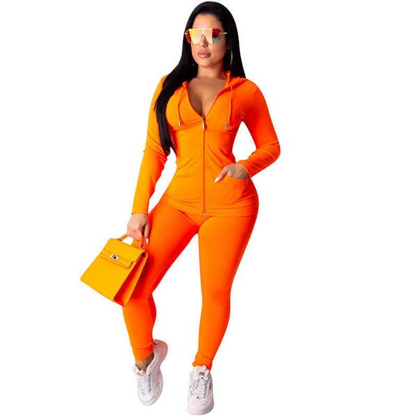 Neon Grün Orange Frauen Zweiteilige Sets Langarm Reißverschluss Mit Kapuze Sweatshirt Tops und Enge Hosen Weibliche Jogger Casual Sweatsuit Y0625