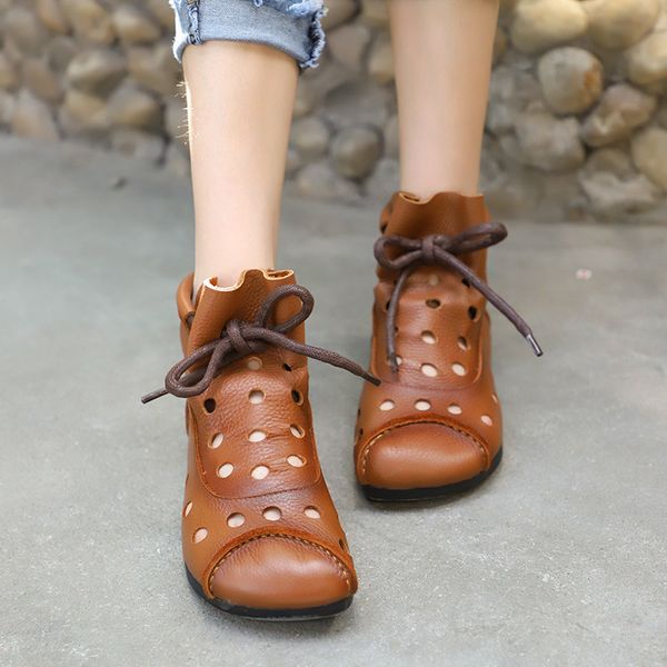 

boots children 2021 summer leather hollow out breathable boots national style high sho women leisure cool, Black