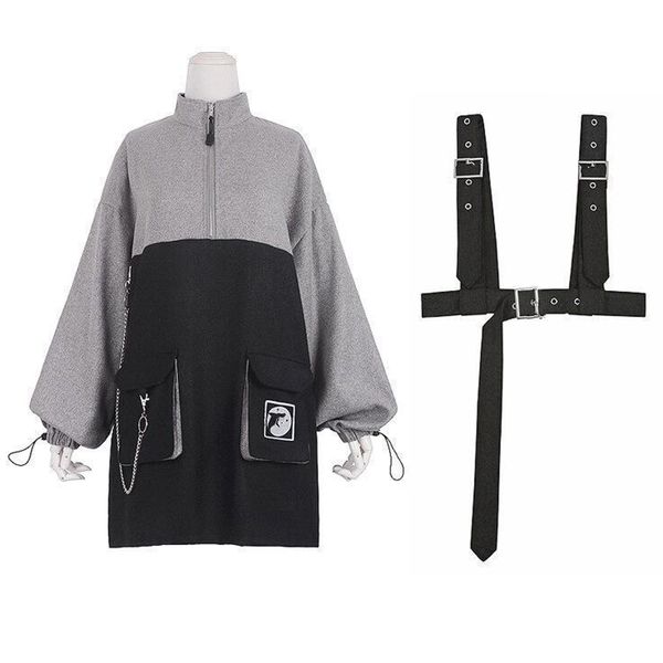 

dress retro vintage women gothic girls punk mini high waist long sleeve hat collar gry black lolita plus, Black;gray