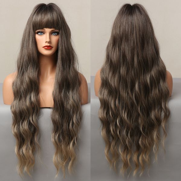 

ombre black brown synthetic wigs with full bangs long deep wavy wigs for women cospaly daily party faker hair heat resistant
